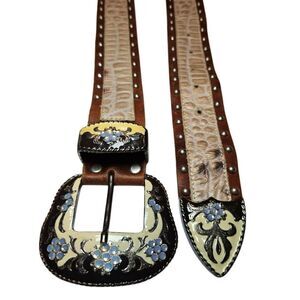 CACH'E Brown and Cream Floral Embellished GENIUE LEATHER Belt waist 29"-33"